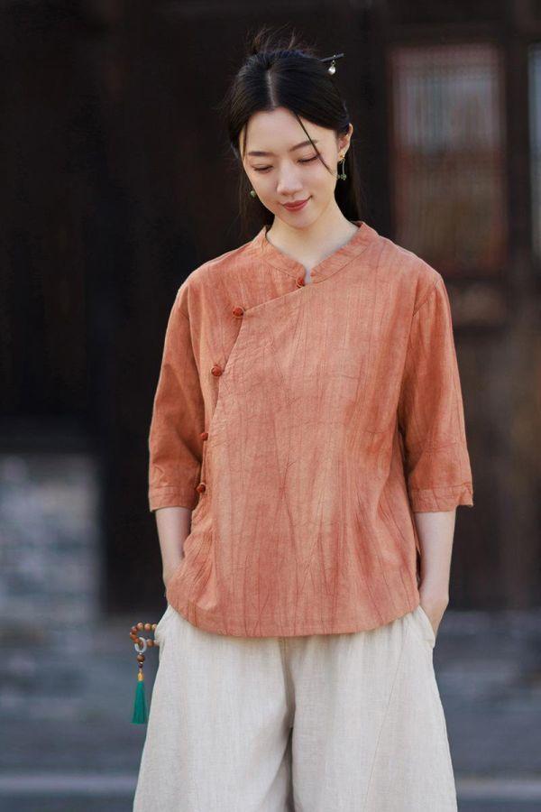 春夏苎麻扎染盘釦宽鬆复古女上衣｜三色 26夏新品苎麻扎染衬衫斜襟盘扣宽松大码复古国风水洗渐变女式上衣