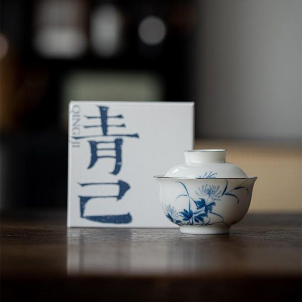 一人飲便攜茶蓋碗｜菊瓣 青己 旅行茶具一盖碗一杯 青花手绘一人饮便携陶瓷茶具兰花快客杯