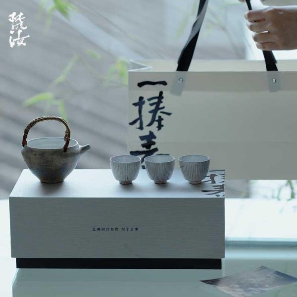 梵汝纯手工粉引日式提梁壶一壶三杯茶具套組 梵汝 一捧春纯手工粉引功夫茶具套组日式提梁壶一壶三杯伴手礼