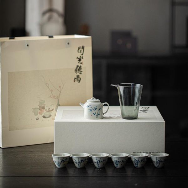 釉下彩手繪小方壺茶具套組（一壺六杯一盅） 弥言釉下彩手绘竹逸茶壶茶具套装手工陶瓷茶壶带过滤家用整套茶具