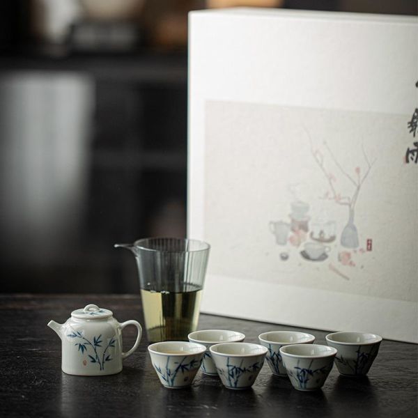 釉下彩手繪小方壺茶具套組（一壺六杯一盅） 弥言釉下彩手绘竹逸茶壶茶具套装手工陶瓷茶壶带过滤家用整套茶具