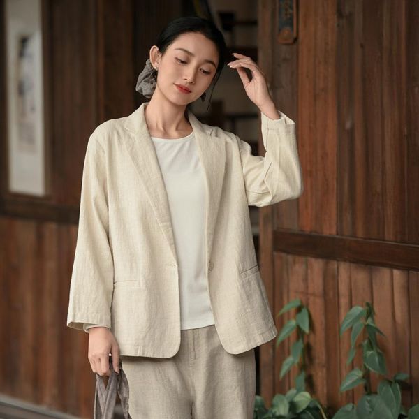 春夏秋棉麻新中式西装外套 鹿与安笛棉麻女装2026春季新款苎麻外套女新中式高级感西装上衣