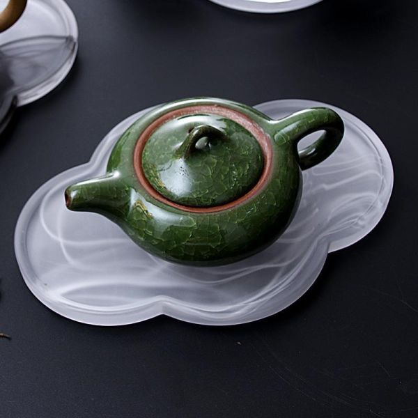 水墨玻璃磨砂乾泡台壺承 家用水墨壶承磨砂玻璃海棠干泡台粉色泼墨禅意托盘茶具配件小茶盘