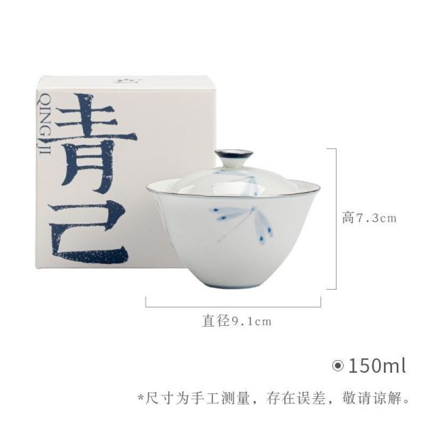 手繪青花陶瓷蓋碗｜蜻蜓 青己 玉瓷手绘青花陶瓷盖碗 手绘蜻蜓吻釉下彩文人器家用泡茶碗
