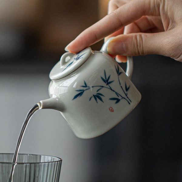 釉下彩手繪小方壺茶具套組（一壺六杯一盅） 弥言釉下彩手绘竹逸茶壶茶具套装手工陶瓷茶壶带过滤家用整套茶具