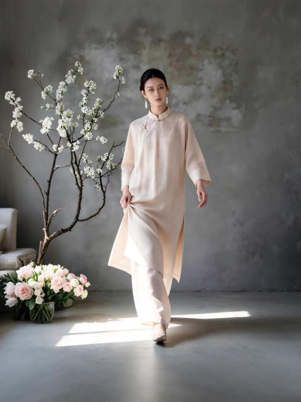 茶杏新中式斜襟長袍寬褲茶禪套裝 9259茶杏新中式两件套2026新款春装国风禅意茶服宽松斜襟立领长衫