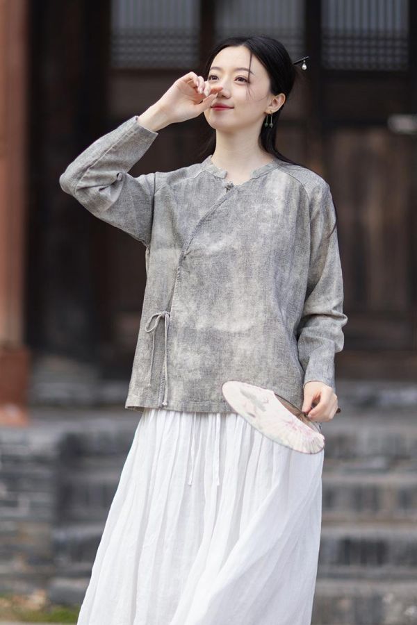 春夏苎麻渲染小衫禪意斜襟繫襯衫｜兩色 26夏女新品苎麻渲染小衫汉服改良斜襟系带衬衫禅意风透气防晒开衫