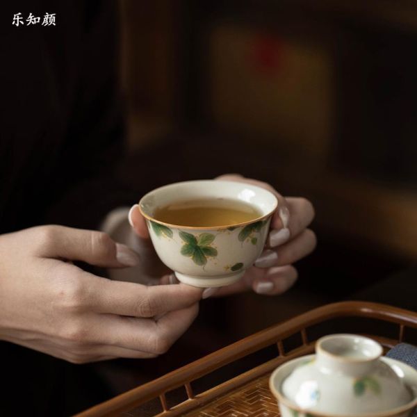 一人飲便攜旅行快客套組｜手繪桂花 一盖碗一杯纯手绘桂花一人饮草木灰主人杯家用陶瓷功夫茶具便携装
