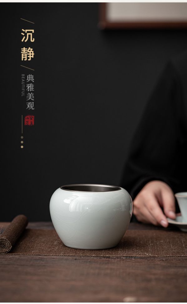 日式簡約汝窯錫蓋茶渣水盂 日式簡約,汝窯,開片,錫蓋,茶渣桶,水盂,茶道配件,茶席擺件