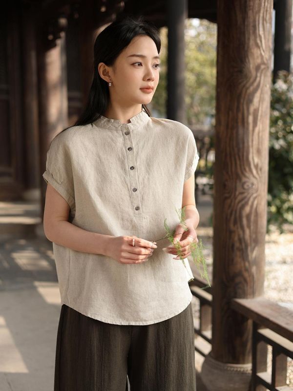 亞麻短袖寬鬆立領復古上衣｜兩色 鹿与安笛女装新款汉麻短袖上衣女夏新中式复古国风设计感收腰t恤