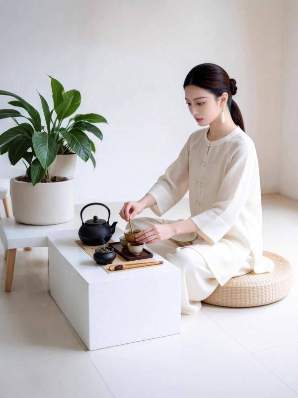 春夏秋杏白圓領盤釦長袍寬褲茶禪套裝 9257云栖茶语新中式圆领禅意套装春秋新款盘扣宽松打坐琴艺练功服