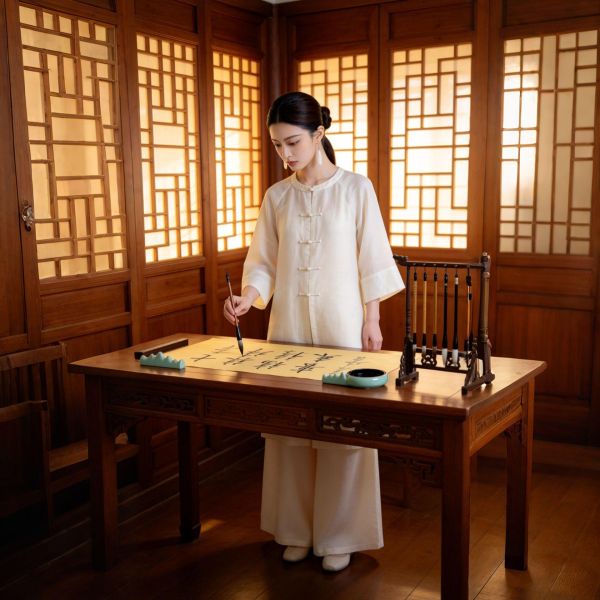 春夏秋杏白圓領盤釦長袍寬褲茶禪套裝 9257云栖茶语新中式圆领禅意套装春秋新款盘扣宽松打坐琴艺练功服