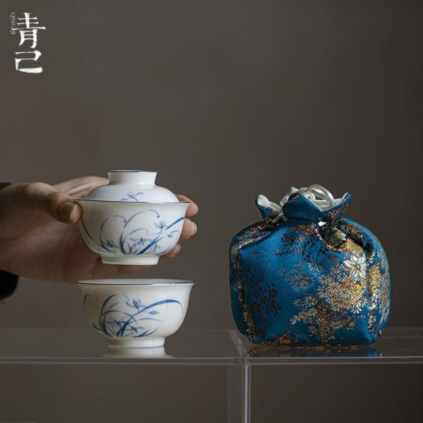 一人飲便攜茶蓋碗外旅行快客套組｜手繪蘭草 一人饮便携茶具一杯快客旅行壶套装如盖碗单人户外便携式泡茶快客