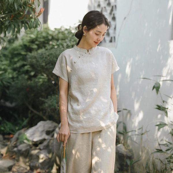 春夏漢麻短袖上衣女夏新中式復古｜兩色 鹿与安笛女装新款汉麻短袖上衣女夏新中式复古国风设计感收腰t恤