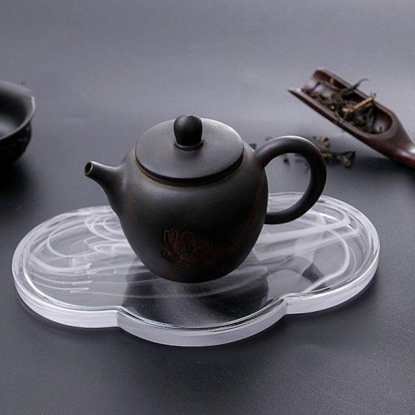 水墨玻璃磨砂乾泡台壺承 家用水墨壶承磨砂玻璃海棠干泡台粉色泼墨禅意托盘茶具配件小茶盘