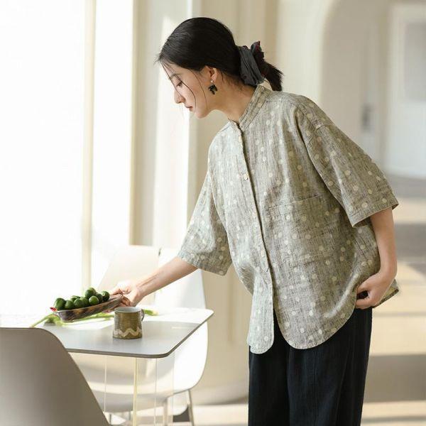 春季棉麻印花七分袖新中式襯衫｜兩色 春季新款棉麻女装衬衫苎麻印花七分袖高级感新中式衬衣女