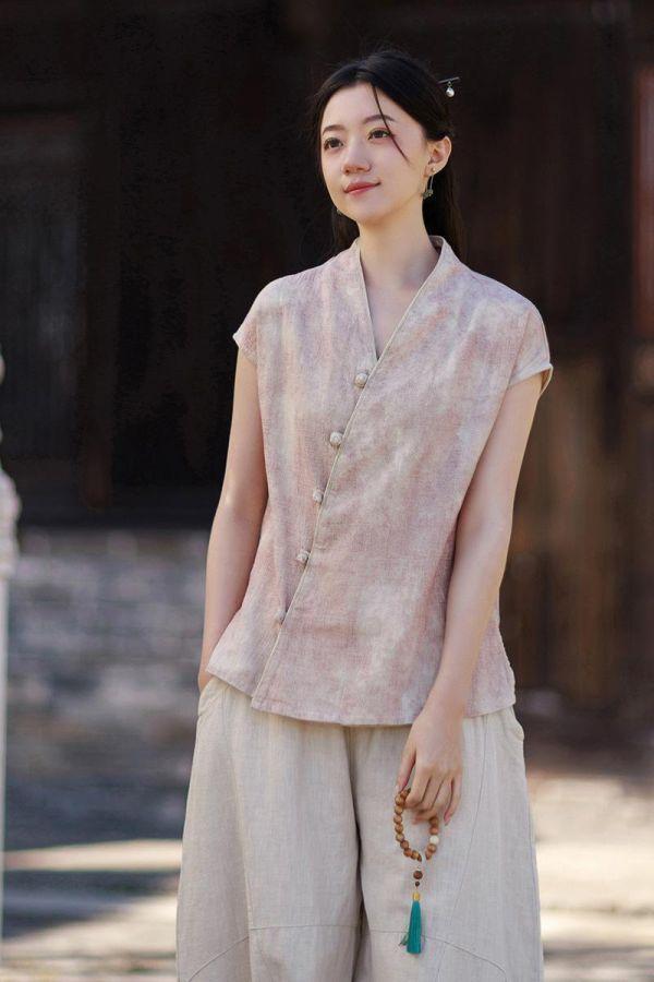 春夏V领無袖苎麻渲染新中式開衫｜三色 26夏女新款V领无袖衬衫苎麻渲染新中式汉服改良上衣个性百搭开衫