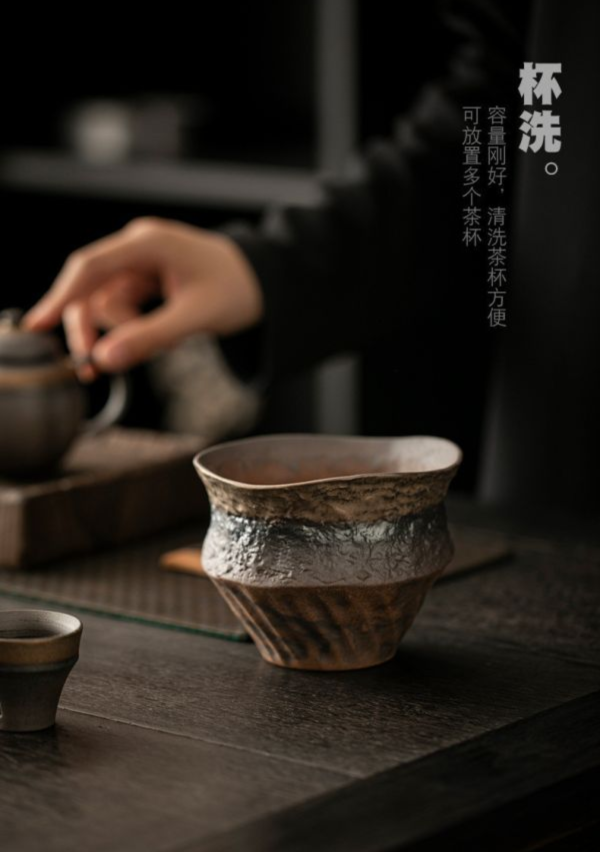 手捏老岩泥禪意復古燒筆洗水盂 复古个性禅意茶洗老岩泥复古烧茶渣缸陶瓷家用杯洗笔洗废水盂中式