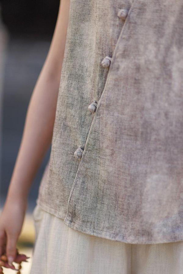 春夏V领無袖苎麻渲染新中式開衫｜三色 26夏女新款V领无袖衬衫苎麻渲染新中式汉服改良上衣个性百搭开衫