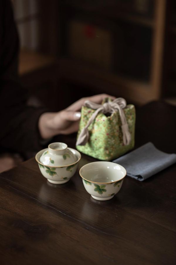 一人飲便攜旅行快客套組｜手繪桂花 一盖碗一杯纯手绘桂花一人饮草木灰主人杯家用陶瓷功夫茶具便携装