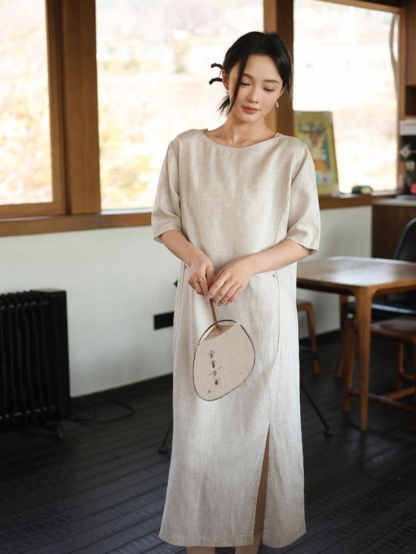 春夏亚麻短袖顯瘦掐腰連衣裙｜兩色 鹿与安笛夏季新款亚麻短袖连衣裙高级感气质掐腰显瘦日系a字长裙