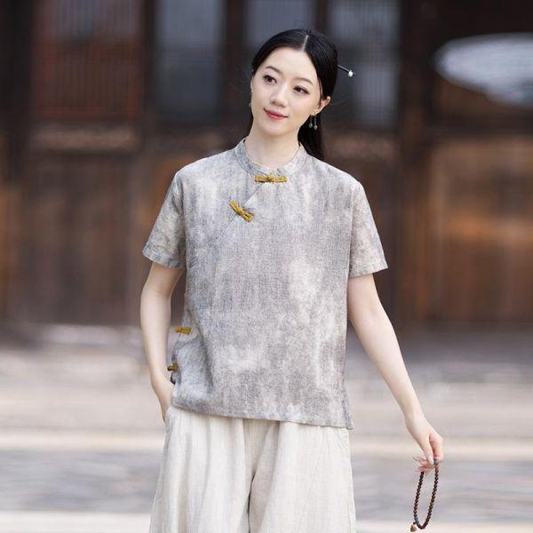 春夏棉麻渲染新中式改良盤釦禪意上衣｜三色 26夏季棉麻女装新款小衫苎麻渲染新中式改良斜襟盘扣T恤禅意上衣