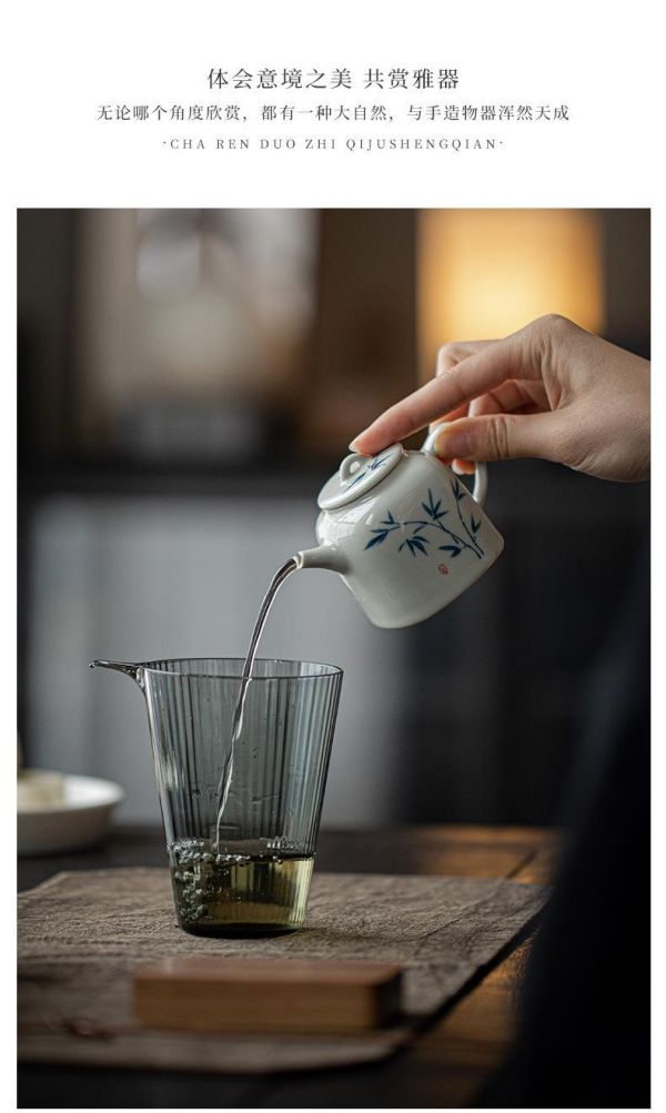 釉下彩手繪小方壺茶具套組（一壺六杯一盅） 弥言釉下彩手绘竹逸茶壶茶具套装手工陶瓷茶壶带过滤家用整套茶具