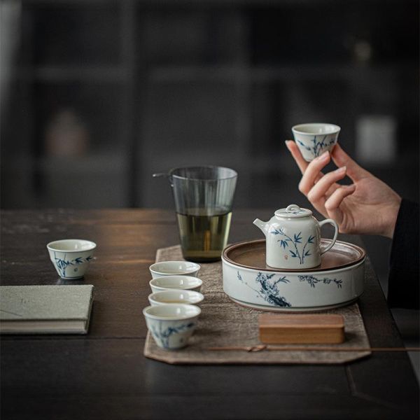 釉下彩手繪小方壺茶具套組（一壺六杯一盅） 弥言釉下彩手绘竹逸茶壶茶具套装手工陶瓷茶壶带过滤家用整套茶具