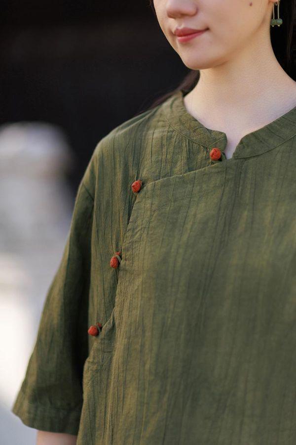 春夏苎麻扎染盘釦宽鬆复古女上衣｜三色 26夏新品苎麻扎染衬衫斜襟盘扣宽松大码复古国风水洗渐变女式上衣