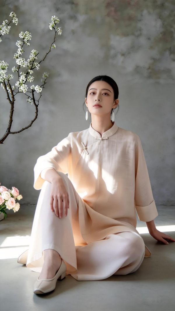 茶杏新中式斜襟長袍寬褲茶禪套裝 9259茶杏新中式两件套2026新款春装国风禅意茶服宽松斜襟立领长衫