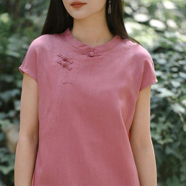 春夏天絲亞麻短袖復古旗袍連衣裙｜兩色 鹿与安笛夏季新款天丝亚麻短袖连衣裙高级感新中式长裙复古旗袍裙