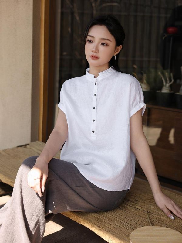 亞麻短袖寬鬆立領復古上衣｜兩色 鹿与安笛女装新款汉麻短袖上衣女夏新中式复古国风设计感收腰t恤