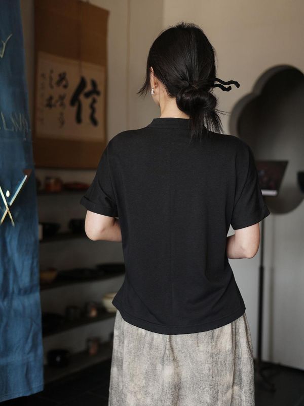 春夏短袖中國風斜開襟棉恤｜兩色 鹿与安笛夏季新款棉麻女装短袖t恤女新中式复古斜开襟中国风上衣