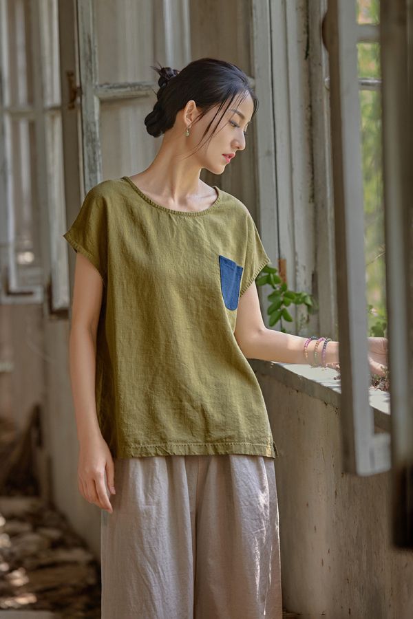 夏天丝苎麻文藝寬鬆顯瘦百搭T恤｜三色 25夏季棉麻女装新款天丝苎麻上衣自制文艺范宽松显瘦女式百搭T恤