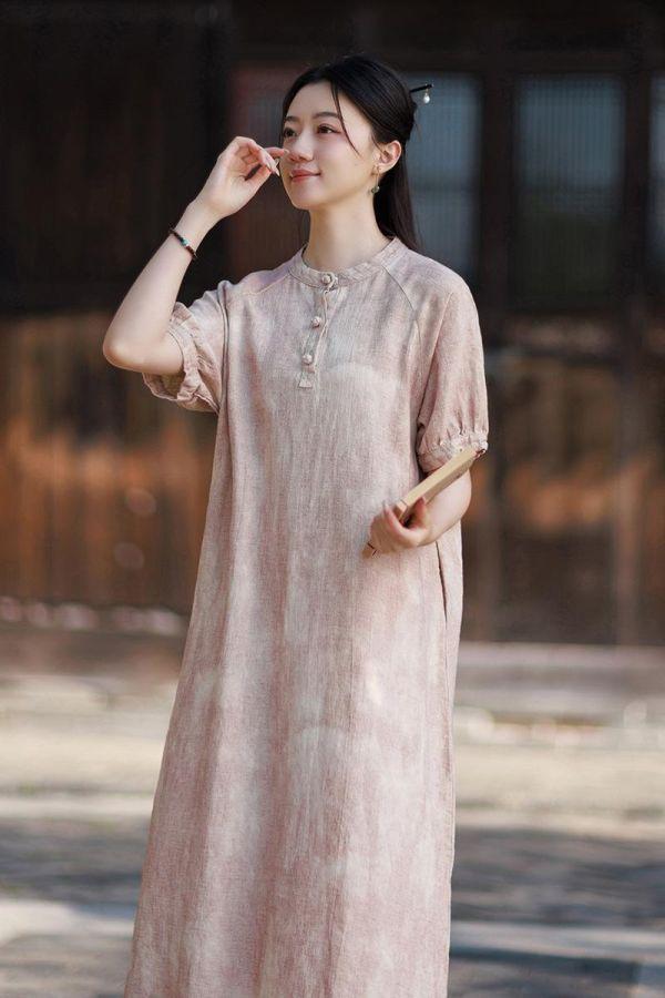 苎麻渲染顯瘦新中式泡泡袖連衣裙｜色 苎麻渲染气质显瘦新中式改良长裙茶歇法式泡泡袖长款连衣裙