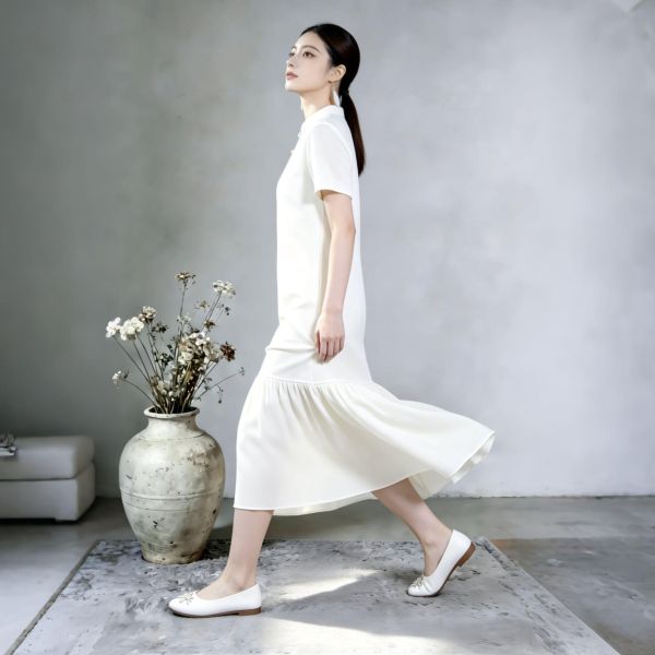 春夏温柔奶油色改良旗袍顯瘦連衣裙 9260春夏季新款温柔奶油色改良旗袍轻奢洋气通勤遮肉显瘦连衣裙