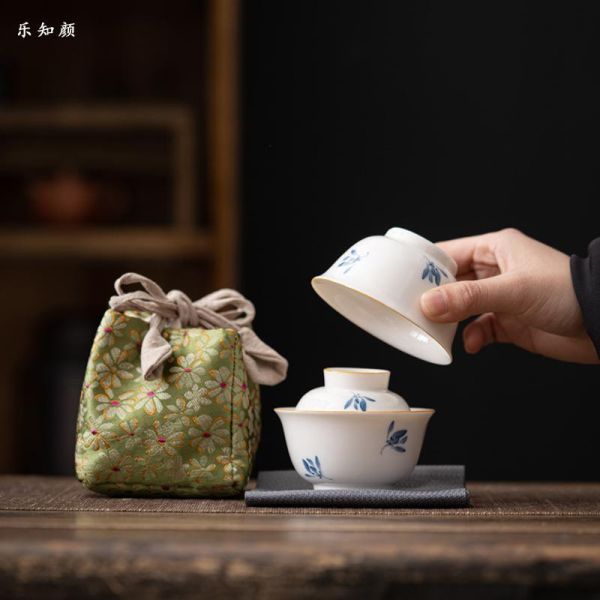 一人飲便攜旅行快客套組｜手繪秋蘭 盖碗纯手绘蝴蝶兰花陶瓷功夫茶具套装快客杯便携户外一人饮泡茶杯