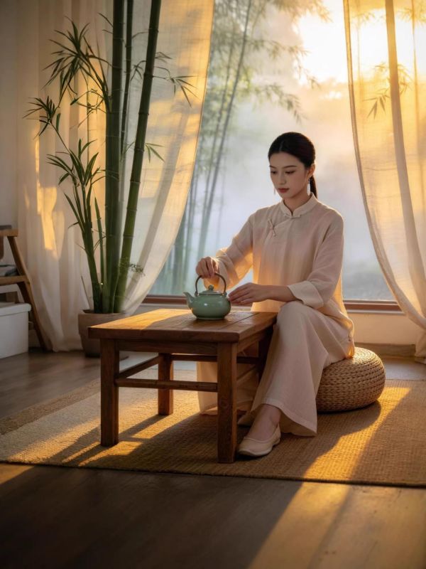 茶杏新中式斜襟長袍寬褲茶禪套裝 9259茶杏新中式两件套2026新款春装国风禅意茶服宽松斜襟立领长衫