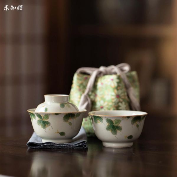 一人飲便攜旅行快客套組｜手繪桂花 一盖碗一杯纯手绘桂花一人饮草木灰主人杯家用陶瓷功夫茶具便携装