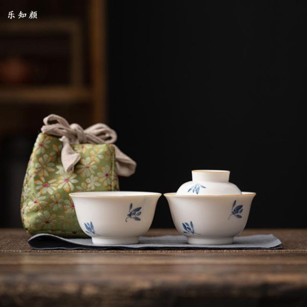 一人飲便攜旅行快客套組｜手繪秋蘭 盖碗纯手绘蝴蝶兰花陶瓷功夫茶具套装快客杯便携户外一人饮泡茶杯