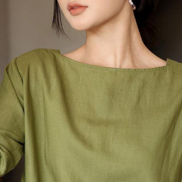 春夏亚麻短袖顯瘦掐腰連衣裙｜兩色 鹿与安笛夏季新款亚麻短袖连衣裙高级感气质掐腰显瘦日系a字长裙