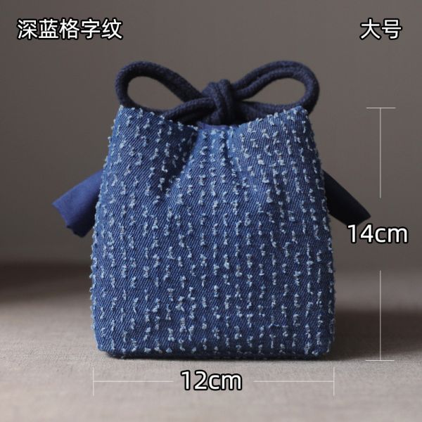 加厚旅用茶具壺杯收納布包｜深藍格字紋(三規格) 加厚旅用茶具茶壺茶杯杯收納布包