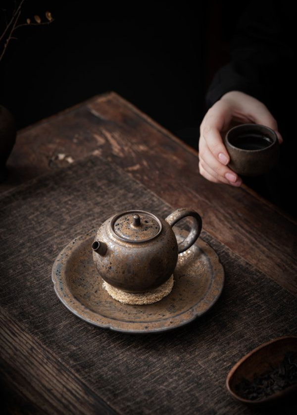 中式粗陶仿古鑄器鎏金壺承 中式粗陶壶承茶承家用养壶托茶壶垫子功夫茶具配件陶瓷盘子小茶台