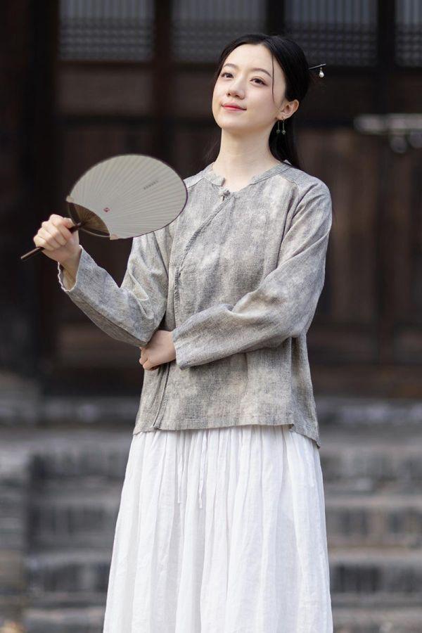 春夏苎麻渲染小衫禪意斜襟繫襯衫｜兩色 26夏女新品苎麻渲染小衫汉服改良斜襟系带衬衫禅意风透气防晒开衫