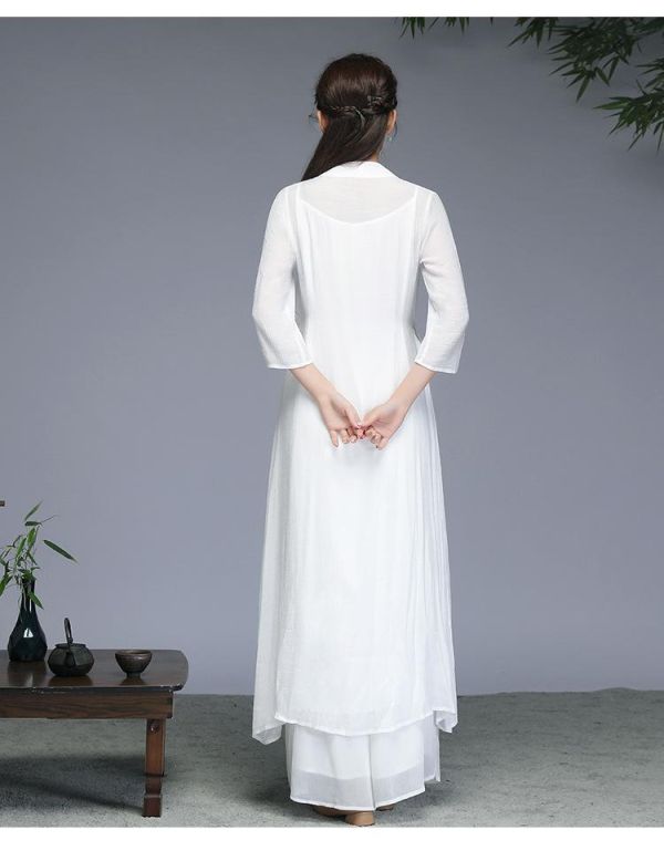 棉麻文藝長茶禪套裝（長袍/背心/寬褲） 中国风禅意女装棉麻茶服禅修服禅舞服装复古汉服连衣裙两件套批发