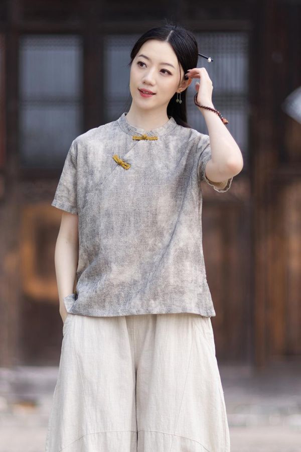 春夏棉麻渲染新中式改良盤釦禪意上衣｜三色 26夏季棉麻女装新款小衫苎麻渲染新中式改良斜襟盘扣T恤禅意上衣