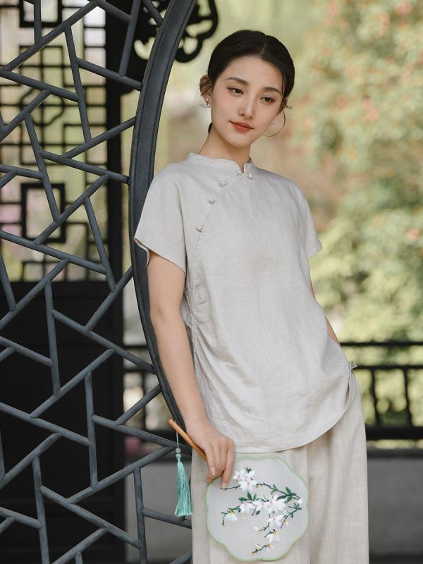 春夏漢麻短袖上衣女夏新中式復古｜兩色 鹿与安笛女装新款汉麻短袖上衣女夏新中式复古国风设计感收腰t恤