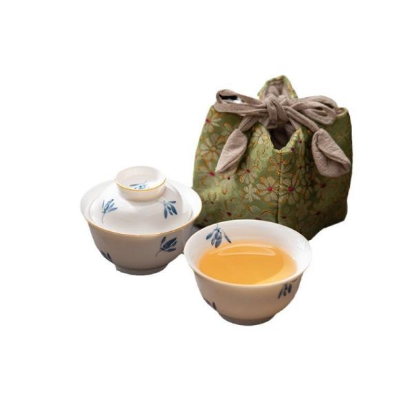 一人飲便攜旅行快客套組｜手繪秋蘭 盖碗纯手绘蝴蝶兰花陶瓷功夫茶具套装快客杯便携户外一人饮泡茶杯