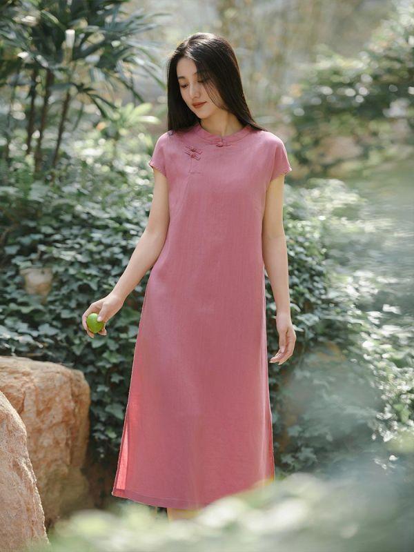 春夏天絲亞麻短袖復古旗袍連衣裙｜兩色 鹿与安笛夏季新款天丝亚麻短袖连衣裙高级感新中式长裙复古旗袍裙