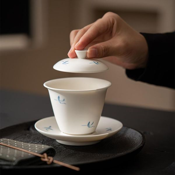 啞光白瓷手繪蘭花三才碗蓋碗01 墨己哑光手绘秋水兰花三才盖碗功夫茶具家用天地盖碗文人泡茶碗